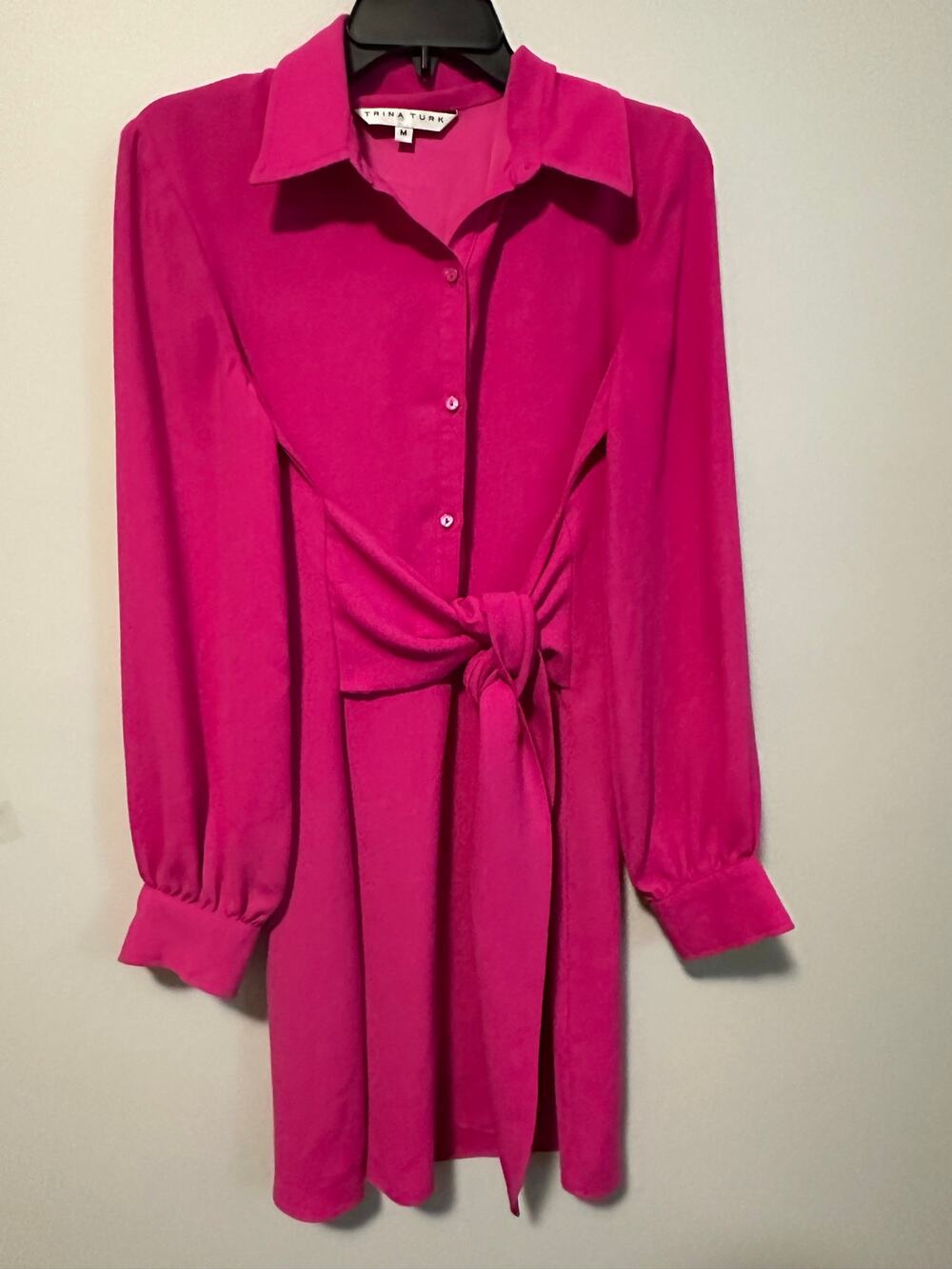 Trina Turk Danna Dress M Hot Pink Tie Front Long Sleeve Cocktail Resort Party